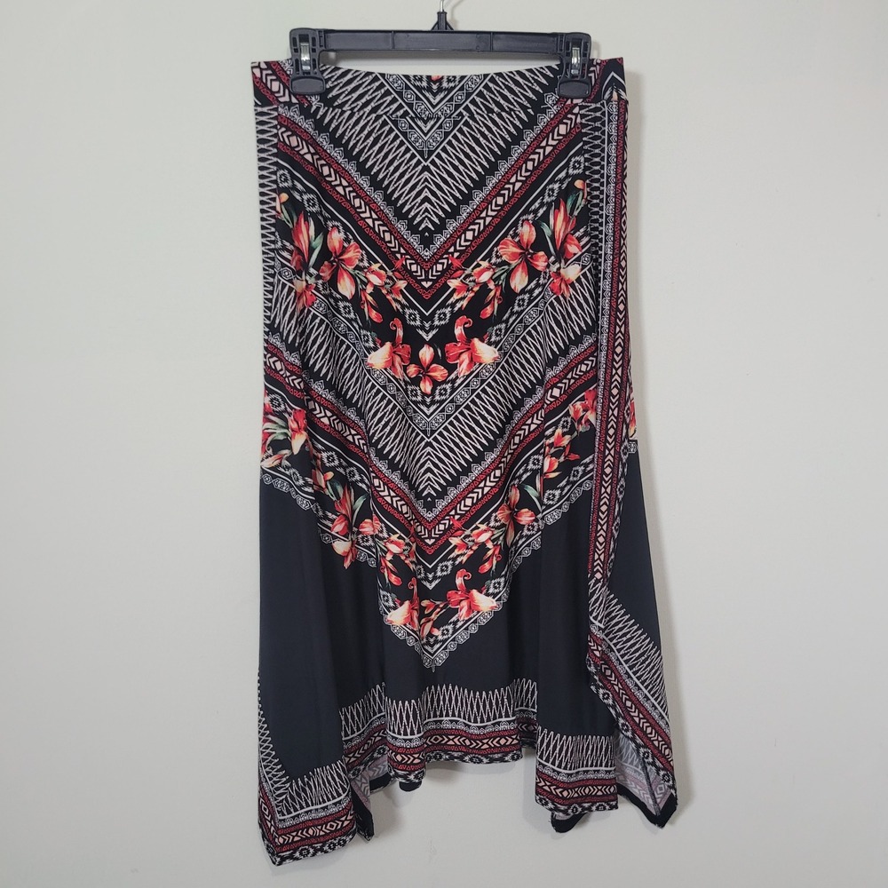 JM Collection Size Small Handkerchief Hem Skirt Womens Black Floral Scarf Print